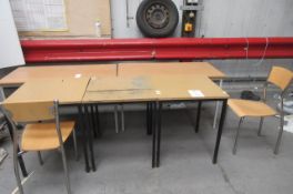 Five tables, 2 chairs and a mobile white board.
