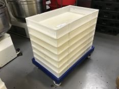 7x White Plastic Box with Blue Plastic Trolley