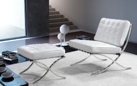 NEW BOXED WHITE LEATHER BARCELONA CHAIR & OTTOMAN