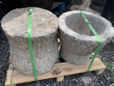 PAIR HEAVY STONE ROUND ANTIQUE POTS
