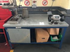 Metal Work Bench with Draper Double Headed Grinder and contents