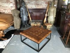 INDUSTRIAL TAN LEATHER SQUARE BENCH ON RUSTIC METAL FRAME