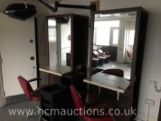 2x Single sided hair dressing stations with 2 x chairs and 2 x beauty organisation trolleys