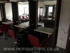 2x Single sided hair dressing stations with 2 x chairs and 2 x beauty organisation trolleys