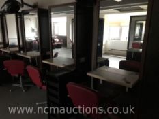2x Single sided hair dressing stations with 2 x chairs and 2 x beauty organisation trolleys