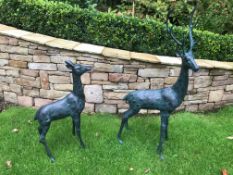 LARGE PAIR CAST METAL DEERS IN VERDI BRONZE FINISH