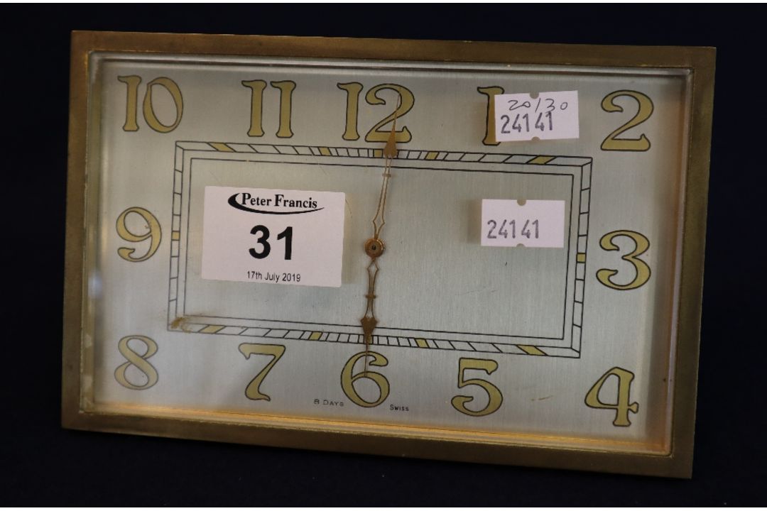 Swiss Art Deco design gilt brass mantel clock with back winding movement and folding stand,
