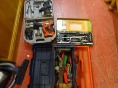 Plastic toolbox and contents, metal cased Taskmaster socket set and Black & Decker Quatro KC2000F
