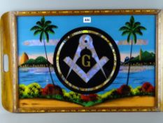 Brazilian butterfly wing and painted two handled tray with central Masonic emblem