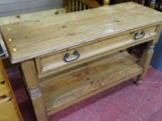 Pine console/hall table with single drawer, iron handles and undershelf