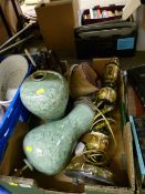 Pair of modern celadon type pottery table lamps, a decorative open twist lamp and a mid Century