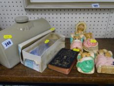 Vintage stoneware hotwater bottle, a boxed glass feeder, a small quantity of Pendelfin figurines