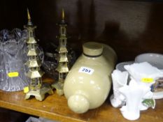 Pair of brass ornamental pagodas, cut glass tyg, stoneware hotwater bottle etc
