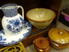 Blue and white Victorian water jug, similar serving platter, stoneware pottery mixing bowl and two