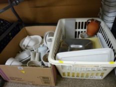 Box and plastic crate containing a quantity of modern pottery and other tableware