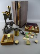 R & J Beck Ltd, London monocular microscope, no. 19999, with lenses etc and a box of glass slides