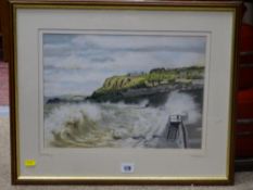 DAVID CLEVERLY modern watercolour study - promenade at Old Colwyn showing the rainbow bridge and