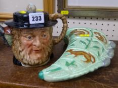 Beswick lidded character teapot titled 'Peggotty' and a Burleigh ware wall pocket decorated with