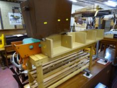 Slim drop leaf gate leg table, magazine rack, two CD racks, pine slatted occasional table, brass