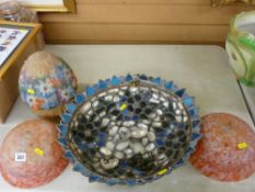 Leaded glass and mother of pearl ceiling lightshade, two mottled glass and one floral painted