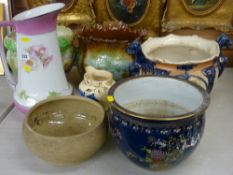 Carltonware blue lustre and enamel decorated jardiniere, three further Victorian pottery examples