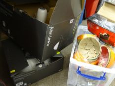 Boxed John Lewis pendant light and shade, a selection of office equipment and a quantity of