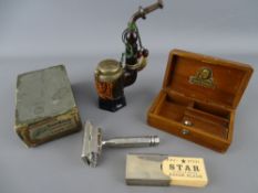 Near mint Eveready razor in mahogany box and outer box and a vintage tobacco pipe with horn