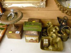 Dragon decorated metal tazza on stand, a selection of vintage brass and other metalware and two