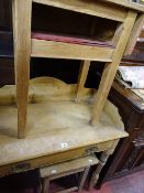 Two drawer pine washstand with railback, pine stool and pine workbench
