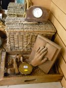 Vintage butler's tray and one other, a carved display of a hand, a vintage wicker basket, an
