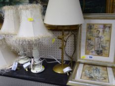 Pair of framed prints, three modern table lamps and a tassel edged lampshade