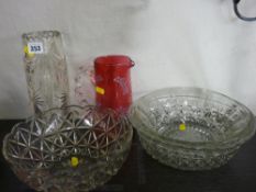 Enamel decorated cranberry jug, three glass bowls and a cylindrical vase