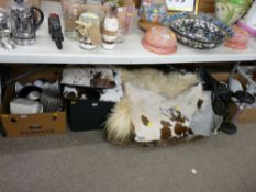 Goatskin mat, quantity of similarly styled soft furnishing and a wheeled shopping trolley