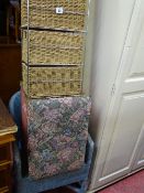 Loom style basket weave chair, small ottoman and modern woven basket storage unit