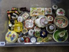 Crate of decorative cabinet items and pill boxes etc