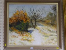 LENA CALLISTER oil on board - titled 'Heswall Dales in Winter', signed