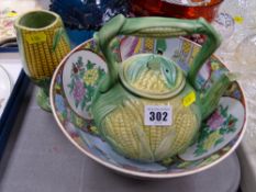 Majolica corn on the cob teapot and similar style vase with a Chinese export porcelain fruit bowl
