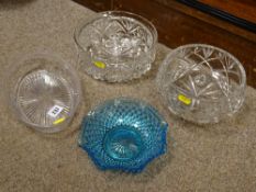 Cut glass fruit bowl, a pressed glass example and two dishes