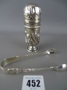 Silver sifter/canister and a pair of sugar tongs, London 1896 and Sheffield 1901 respectively
