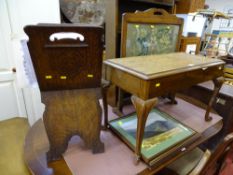 Polished wood piano stool with vintage music contents, a tapestry firescreen, magazine/music stand