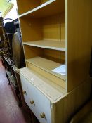 Small modern hardwood occasional table, three drawer bedside chest and a three shelf modern