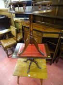 Light oak occasional table, leather tooled top occasional table and a single pedestal occasional