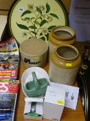 Three stoneware storage vessels, a spiral and a cucumber slicer, a floral decorated tea tray etc