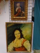 ROBERT ARTINGSTALL oil on canvas - young woman in a red dress and one on board of a pipe smoking