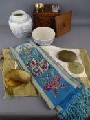 Mixed collectables including a carved wooden tea caddy, brass topped horn snuff box marked 'W