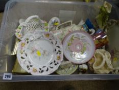 Crate of decorative pottery and china, two vintage style mantel clocks etc