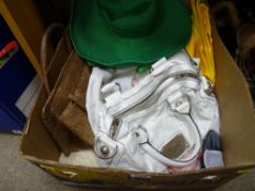 Box of vintage bags, clothing and linen