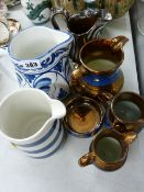 Two blue and white jugs and a quantity of Victorian copper lustre ware
