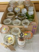 Collection of kilner and other storage jars, some with decorative content