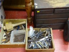 Small wooden two over three drawer chest and two wooden boxes of hand tools, spanners, drill bits